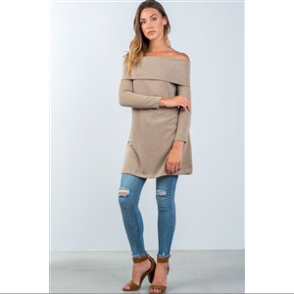 SALES TAUPE OFF SHOULDER FOLD-OVER LONG SLEEVE TOP - Picture 5 of 5